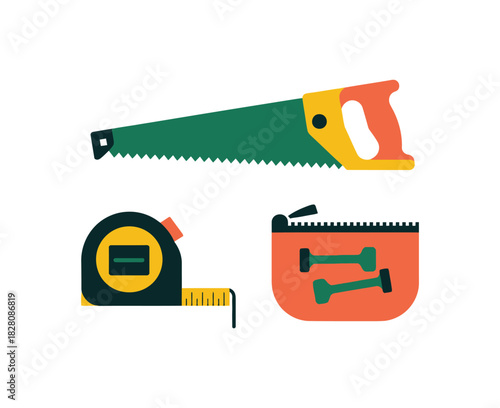 A hand saw, measuring tape, and tool bag are depicted against a white background.