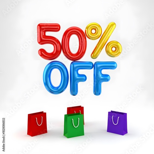 50 percent off colorful inflatable text and shopping bags