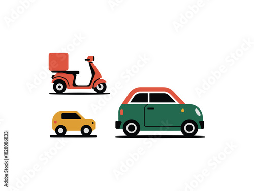 A scooter and two cars are shown on a white background.