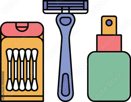 A razor, cotton swabs, and a spray bottle are arranged on a white background.