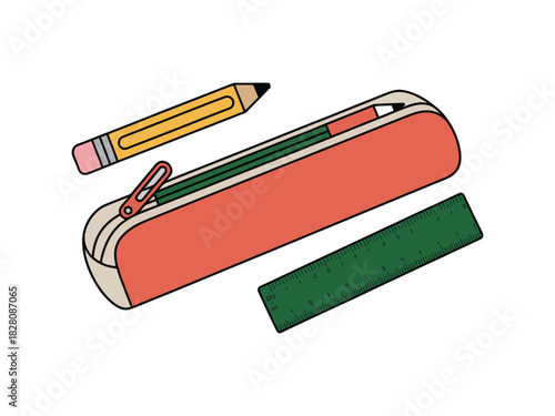 A pencil case with a pencil, ruler, and eraser lies on a white background.