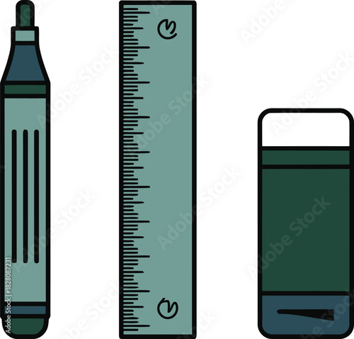 A marker, ruler, and eraser are positioned next to each other.