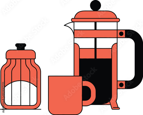 A French press with coffee, a sugar bowl, and a mug represent morning preparations.