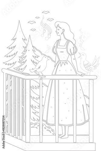 Snow White Joyfully Singing With Forest Birds Coloring Page