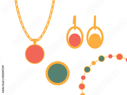 A collection of elegant gold jewelry pieces with colorful gemstones adorns a white background.