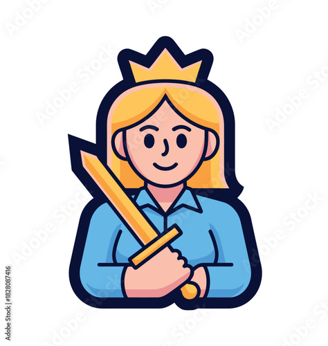A cartoon queen with blonde hair and a crown holds a sword across her chest, representing power and royalty.