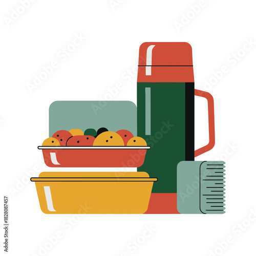 A picnic set with food containers, fruit, and a thermos is ready for an outdoor meal.