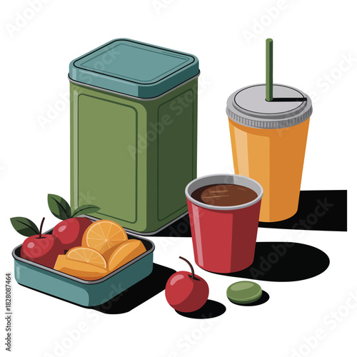 A refreshing assortment of drinks and snacks are prepared for a day out.