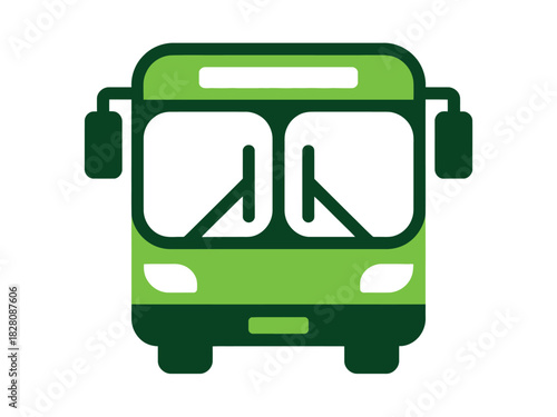 A green, stylized illustration of a public bus viewed from the front, ready for passenger transport.