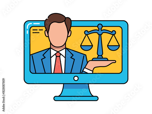 A lawyer presents the scales of justice on a computer screen, symbolizing online legal services and digital jurisprudence.