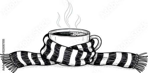 Hand-drawn illustration of a steaming hot beverage in a classic mug, embraced by a stylish striped scarf, perfectly representing winter comfort and cozy warmth