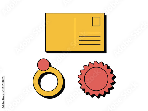 A yellow postcard, a ring with a red dot, and a red seal sit against a white background.