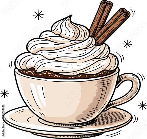 Sketch of a warm winter beverage in a mug, topped with creamy swirls and aromatic cinnamon sticks, isolated on a white background