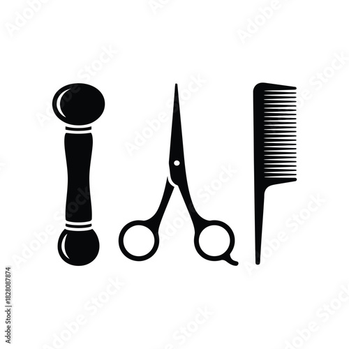 A comb, scissors, and a barber's tool are displayed in a stylized arrangement.