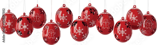 Row of hanging red Christmas baubles with intricate snowflake and gingerbread man cut-out designs isolated on a white background