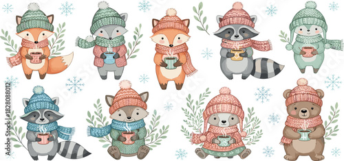 Charming collection of cute illustrated woodland animals in winter attire, including a fox, raccoon, and bear holding cozy mugs of a warm drink