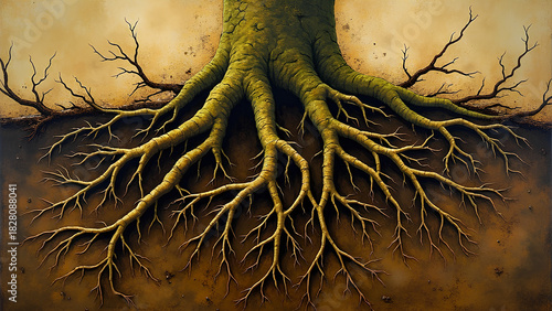 Abstrakte Nahaufnahme von Wurzeln und Erdschichten, die sich wie organische Netzwerke verflechten, subtile Lichtreflexionen. KI Generated