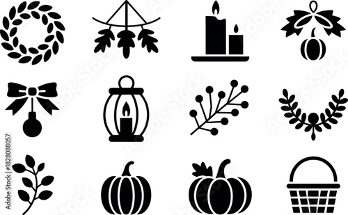 Elegant holiday themed icons for autumn Thanksgiving and Christmas season
