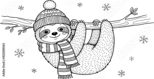Cute cartoon sloth wearing a winter hat and scarf, hanging from a tree branch with snowflakes falling
