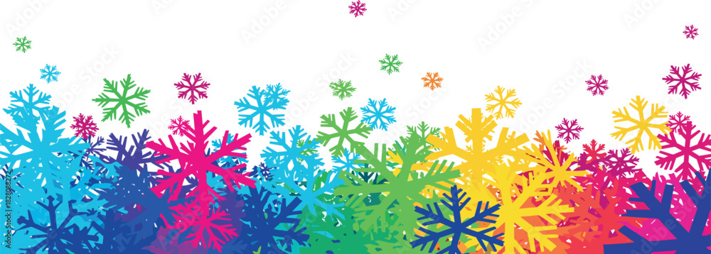 Obraz premium Colorful snowflakes falling across a white background representing a whimsical and festive winter scene