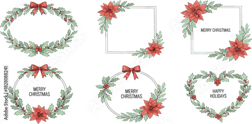 A festive collection of hand-drawn Christmas frames and wreaths decorated with poinsettia flowers, holly leaves, and red bows