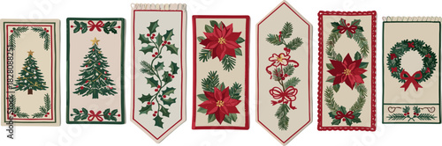 Festive Holiday Collection Intricate Embroidered Designs Featuring Christmas Trees, Holly, and Poinsettias