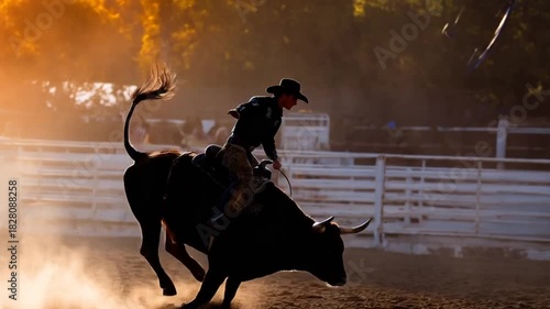 Silhouetted bull and rider in mid-air during rodeo	
