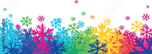 Colorful snowflakes falling across a white background representing a whimsical and festive winter scene