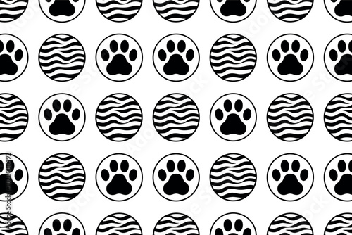 Seamless Pattern Featuring Paw Prints and Abstract Wavy Lines Circles Design