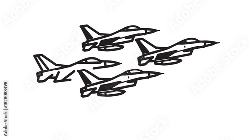 Four fighter jets flying in formation across a white background, symbolizing aerial power and military aviation