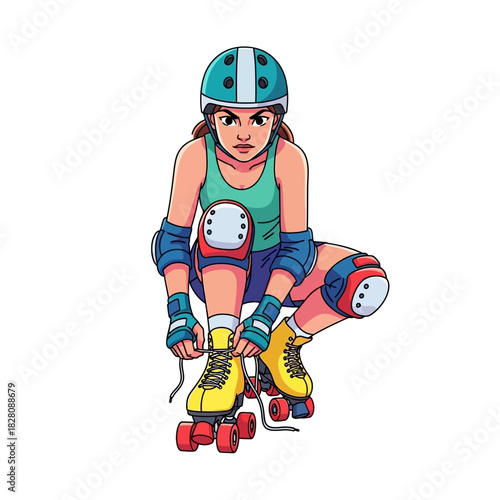 Roller derby skater tying laces, ready for intense competition and dynamic sports action, colorful vintage style for active lifestyle campaigns