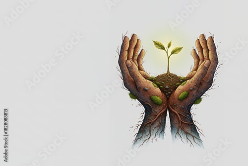 Hands holding a small plant with roots and soil in a serene setting native tree planting