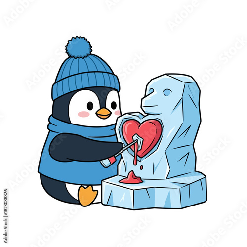 Adorable penguin carving a heart ice sculpture as a symbol of love, perfect for Valentine's Day promotions and winter holiday designs