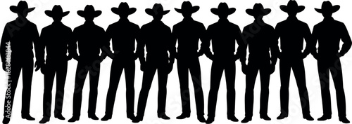Silhouette of Multiple Cowboy Figures Wearing Hats Standing in a Row