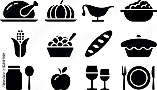 Thanksgiving Dinner Icon Set with Turkey Pumpkin and Festive Elements