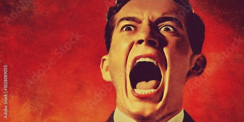 Vintage 1950s Retro Horror Portrait of Man in Fear with Dramatic Halloween Background