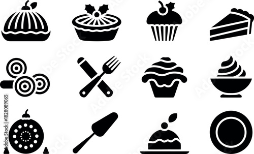 Variety of dessert pastry products in black silhouette icons design