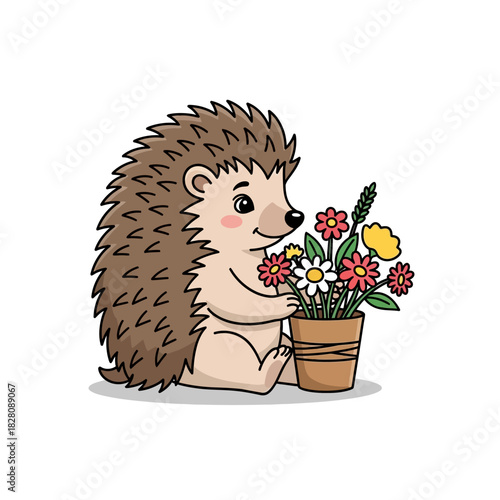 Delightful hedgehog with spring flowers in pot brings joy and charm to any project, perfect for kids' content or nature-themed designs