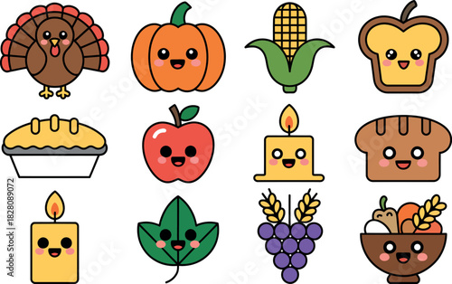 Thanksgiving icon set including turkey pumpkin corn pie grapes autumn