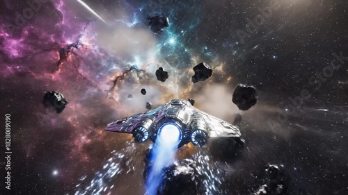 A sleek, metallic spacecraft speeds through a vibrant nebula, dodging space debris. Streaks of light pierce the void