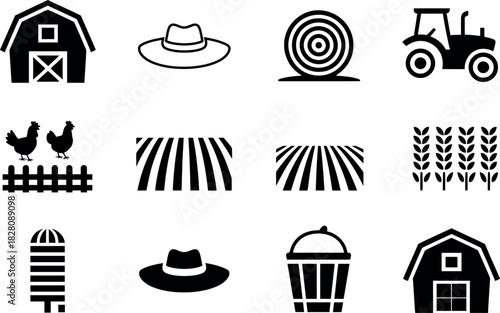 Vector Icons Illustration of Agriculture Farming Elements and Equipment Black Color