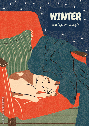 A cozy winter illustration with a cat sleeping on a chair under a blanket, and a snowy night sky visible in the background. Seasonal, holiday, and hygge-themed designs. Flat vector postcard.