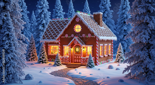 A gingerbread house stands in snowy woods at night, representing Christmas spirit, home, and sweet holiday memories, evoking warmth and cheerfulness