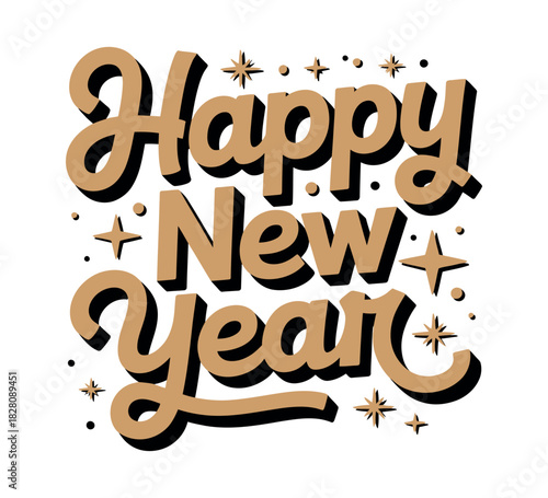Decorative text proclaims 'Happy New Year' with festive stars and dots.
