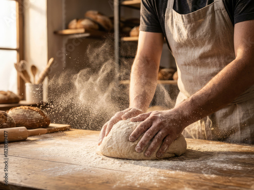 Boulanger artisan pétrissant une pâte à pain farineuse dans une boulangerie chaleureuse, ambiance authentique et gourmande