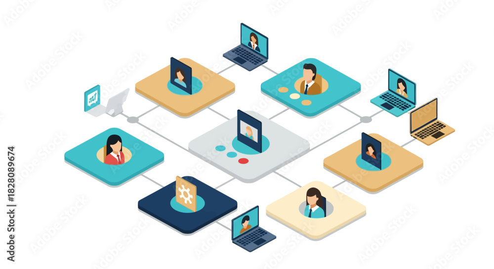 Obraz premium Isometric virtual meeting concept with laptops and diverse participants in colorful squares