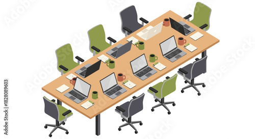 Modern office workspace with laptops and chairs in an isometric style