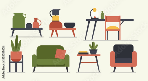 Mid century modern furniture set with retro style chairs and tables