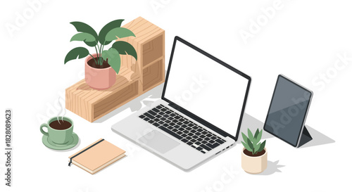 Modern workspace with isometric laptop, tablet, and plants on desk