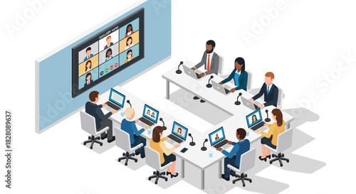 Remote team collaboration in a modern conference room with virtual meeting